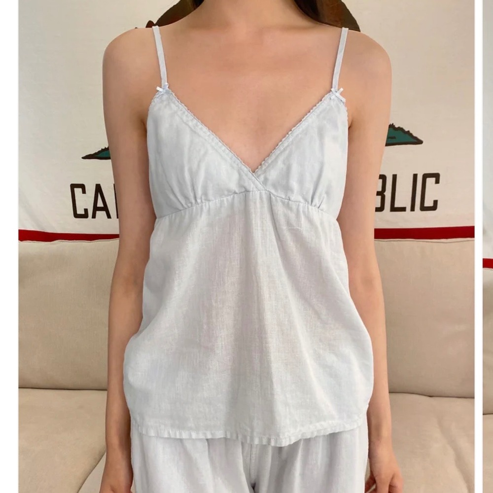 Brandy Melville Edith Baby Blue 100% Linen Babydoll Waist Tie Tank Top Coastal‎